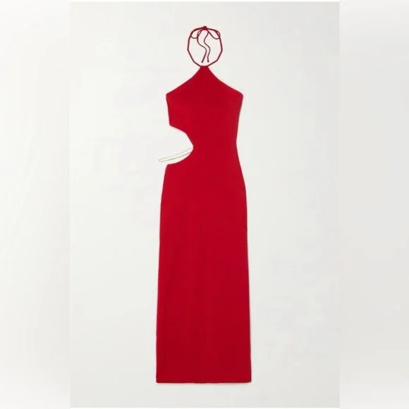 Reformation Net Sustain Helio Cutout Red Halter Dress without Rhinestone Chain - Picture 3 of 7